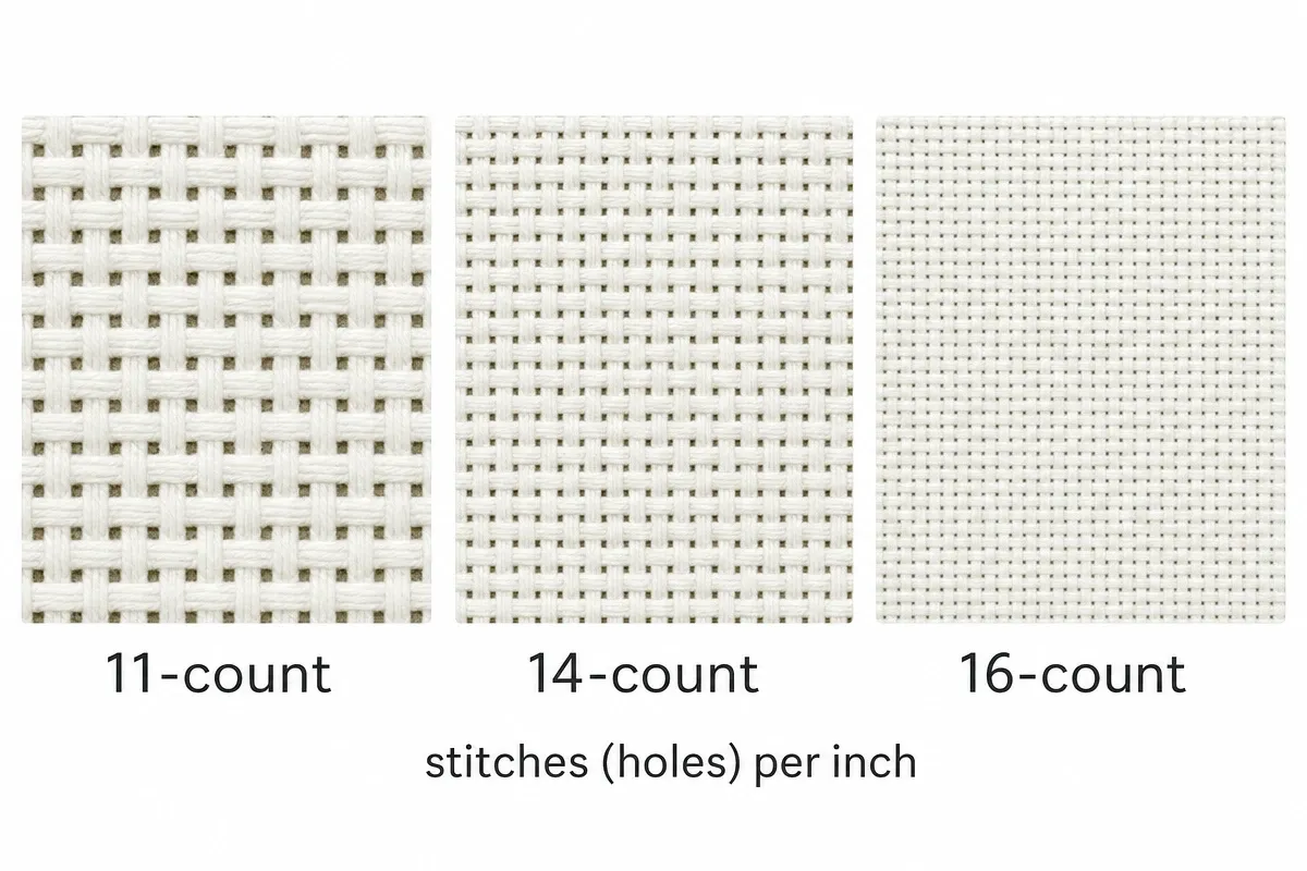 Diagram comparing 11-count, 14-count and 16-count Aida grids, showing smaller holes as the count rises