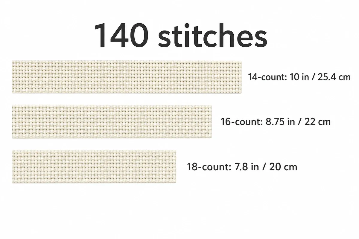 Illustration showing the same 140-stitch width finishing smaller on higher-count Aida