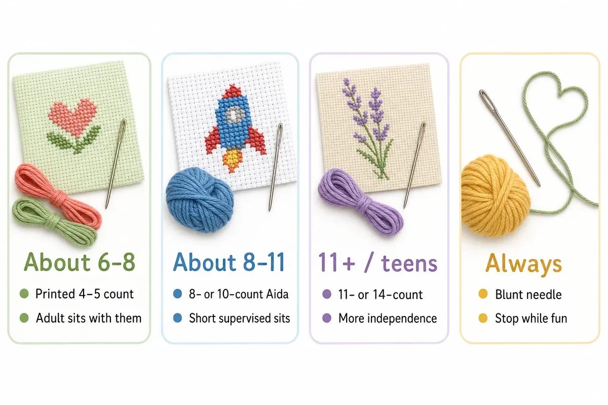 Age bands for kids cross stitch from chunky printed canvas to counted Aida