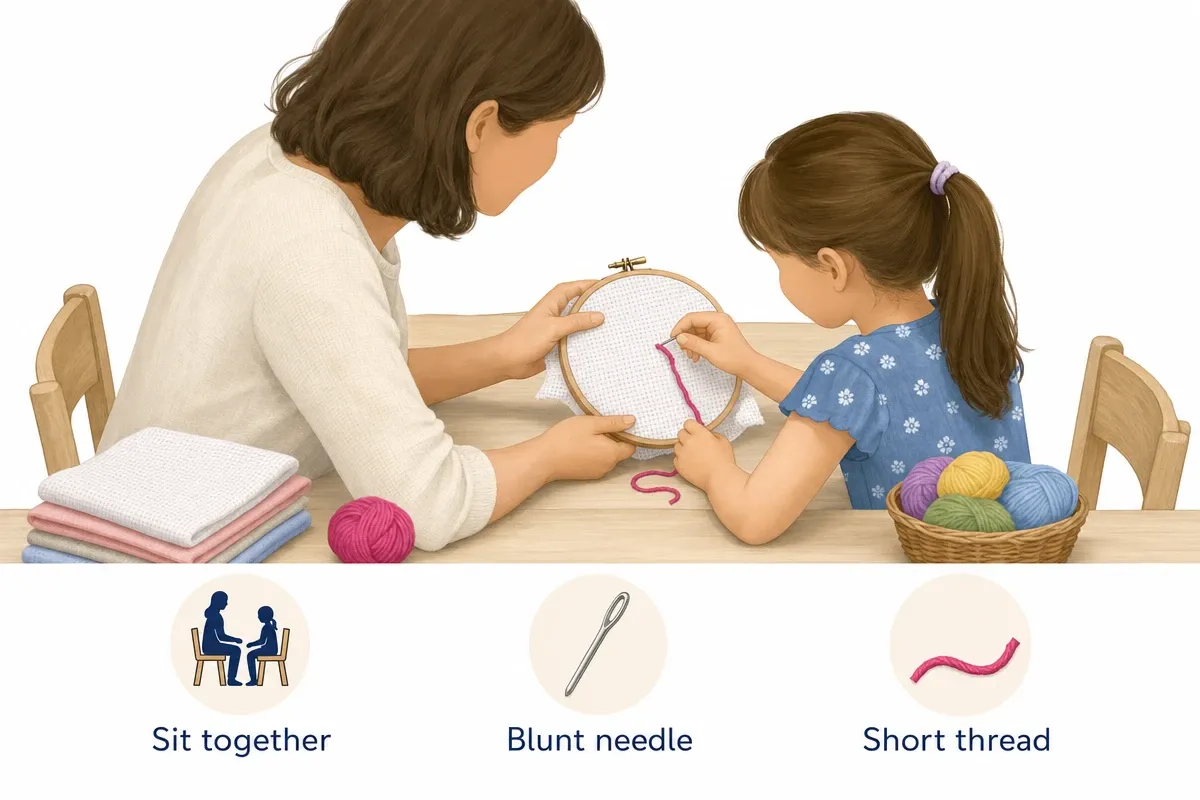 Parent and child stitching together with blunt needle and short thread