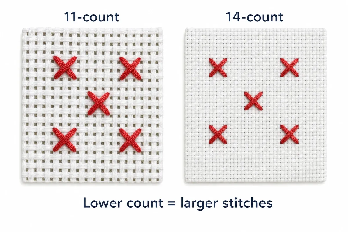 Diagram of larger 11-count stitches versus finer 14-count holes for easier seeing