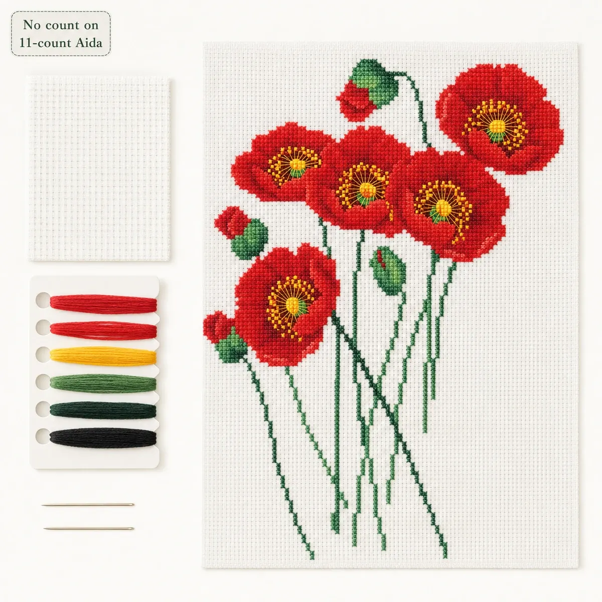 Needleart World Red Poppies no count kit on 11-count black Aida