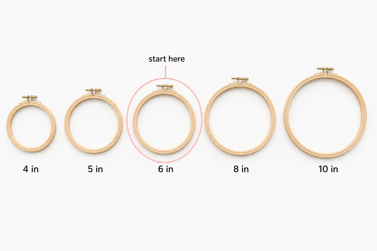Diagram of embroidery hoop sizes from 4 inch to 10 inch with a 6-inch hoop highlighted as the starter size