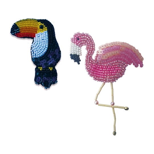 Toucan and Flamingo Brooches